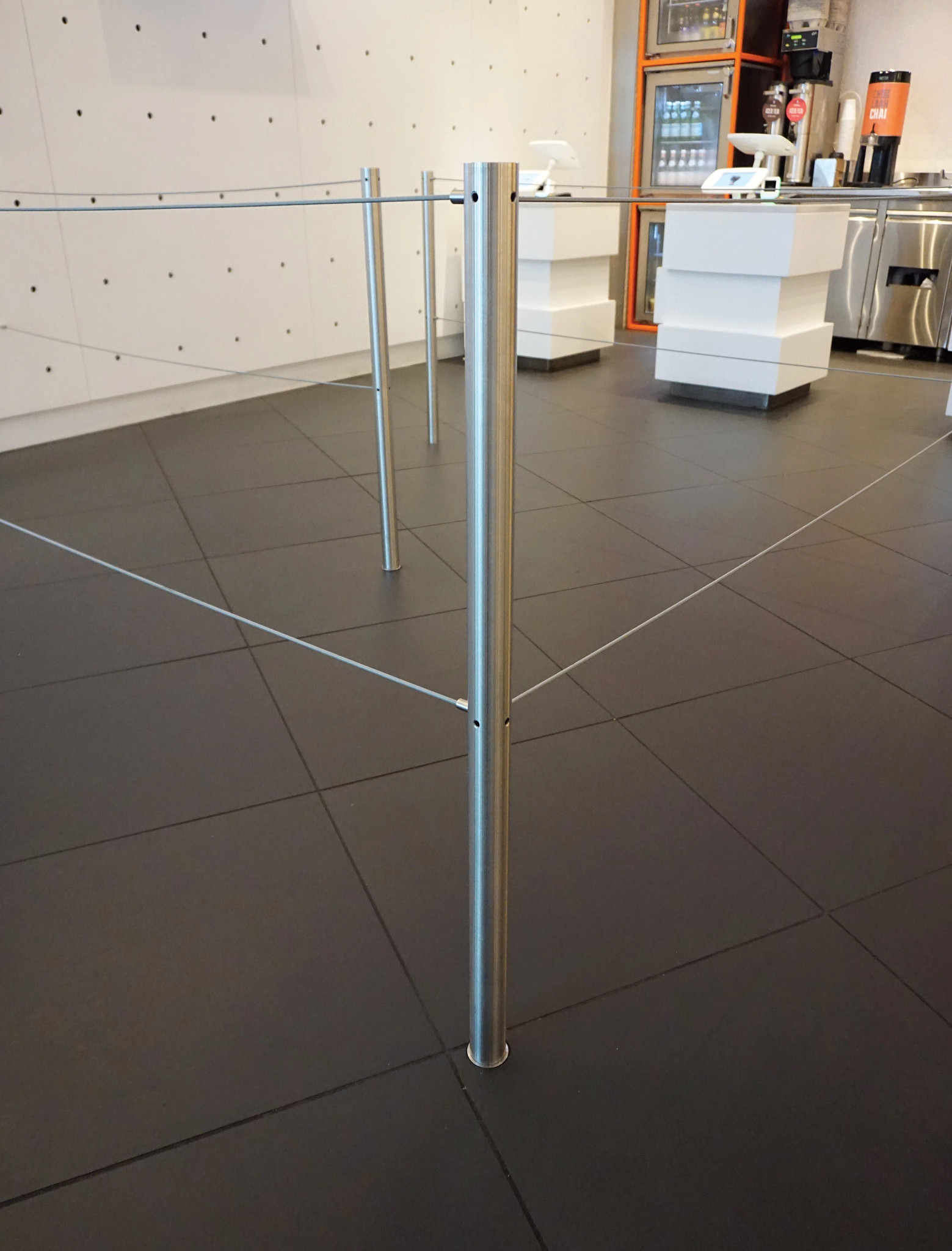 Q-Cord Floor-Mounted Museum Barrier with Dual Retractable Cords